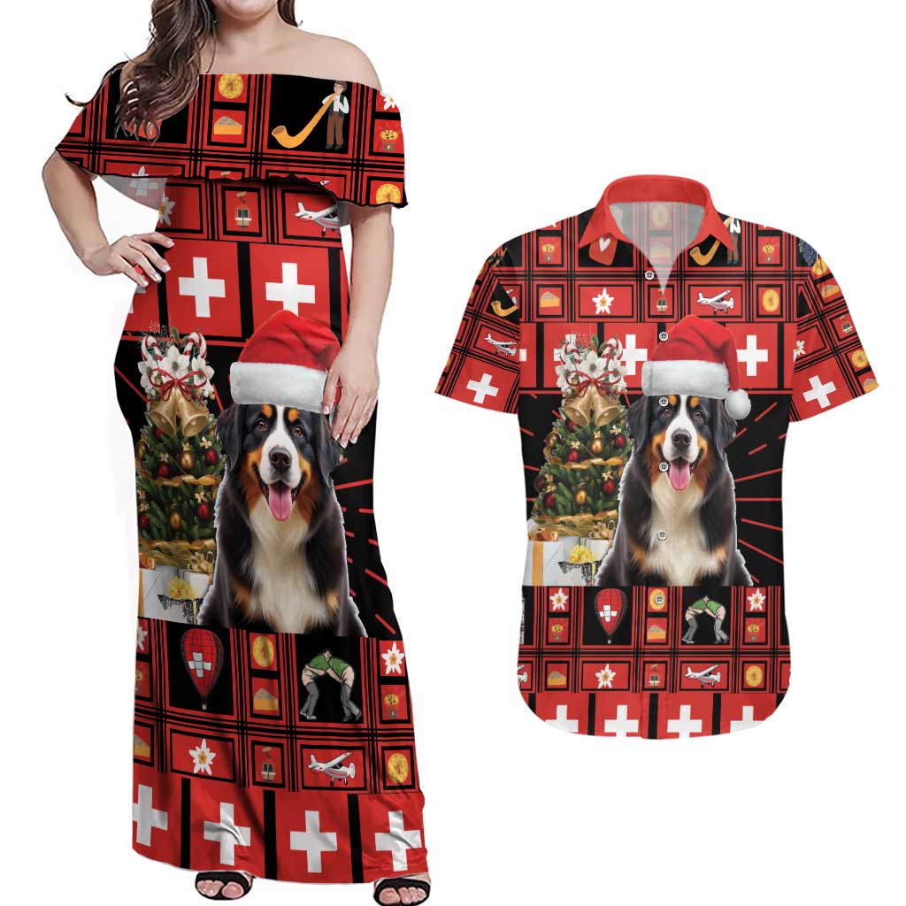 Merry Christmas Bernese Mountain Dog Couples Matching Off Shoulder Maxi Dress and Hawaiian Shirt Switzerland Symbols - Lightning Art - Wonder Print Shop