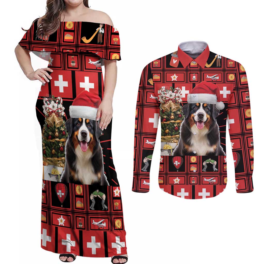 Merry Christmas Bernese Mountain Dog Couples Matching Off Shoulder Maxi Dress and Long Sleeve Button Shirt Switzerland Symbols - Lightning Art - Wonder Print Shop