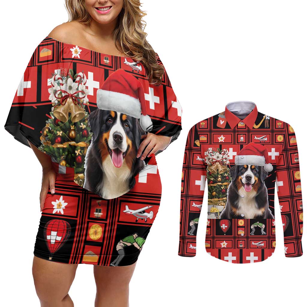 Merry Christmas Bernese Mountain Dog Couples Matching Off Shoulder Short Dress and Long Sleeve Button Shirt Switzerland Symbols - Lightning Art - Wonder Print Shop