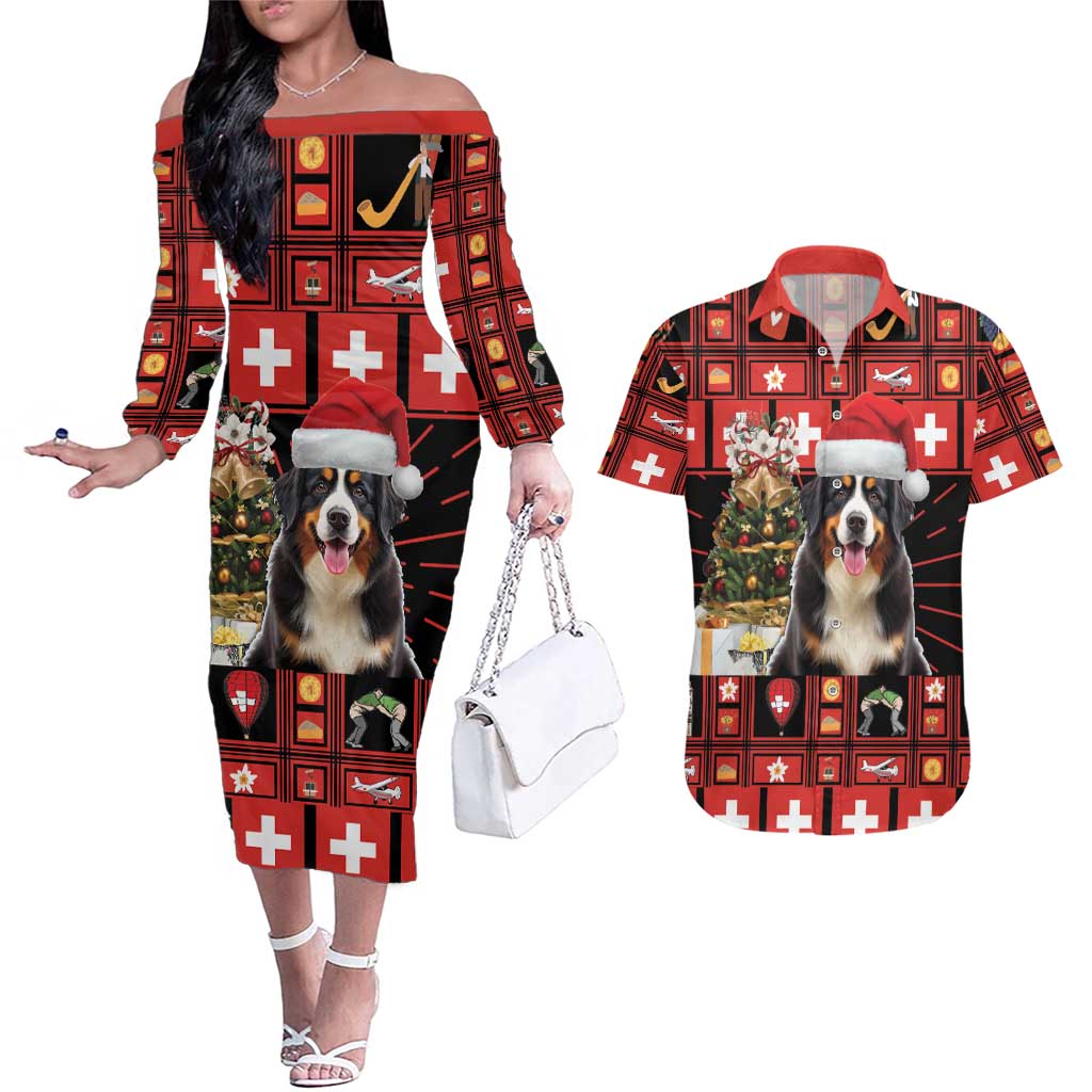 Merry Christmas Bernese Mountain Dog Couples Matching Off The Shoulder Long Sleeve Dress and Hawaiian Shirt Switzerland Symbols - Lightning Art - Wonder Print Shop