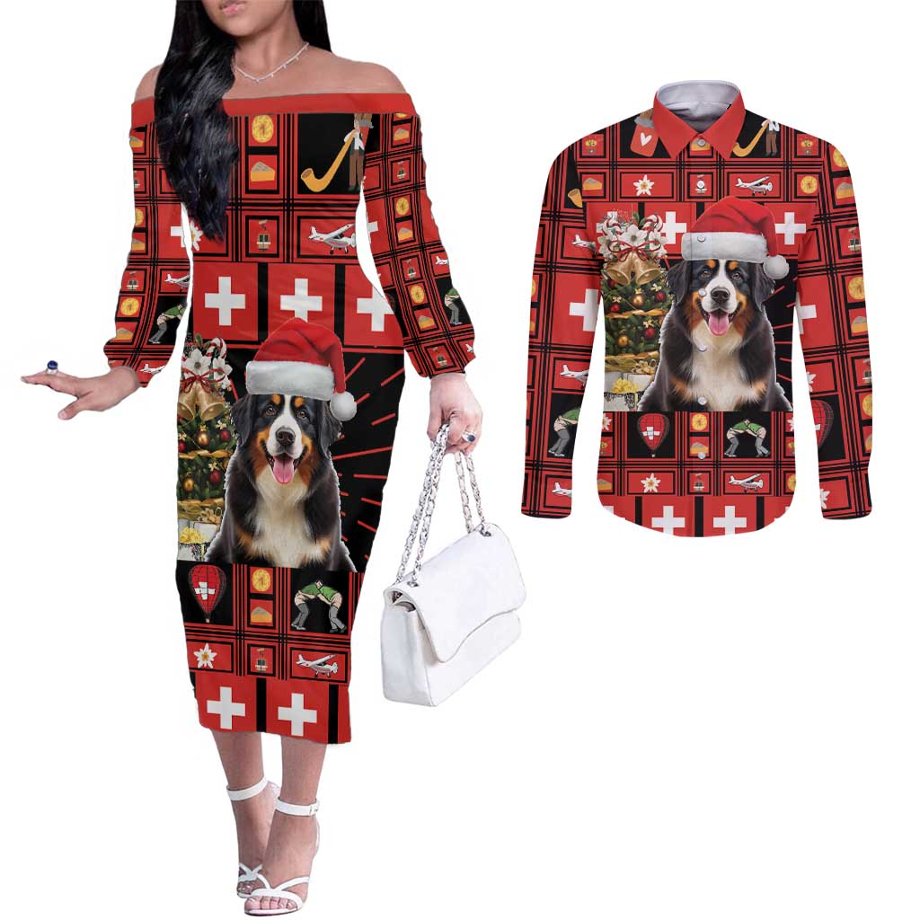 Merry Christmas Bernese Mountain Dog Couples Matching Off The Shoulder Long Sleeve Dress and Long Sleeve Button Shirt Switzerland Symbols - Lightning Art