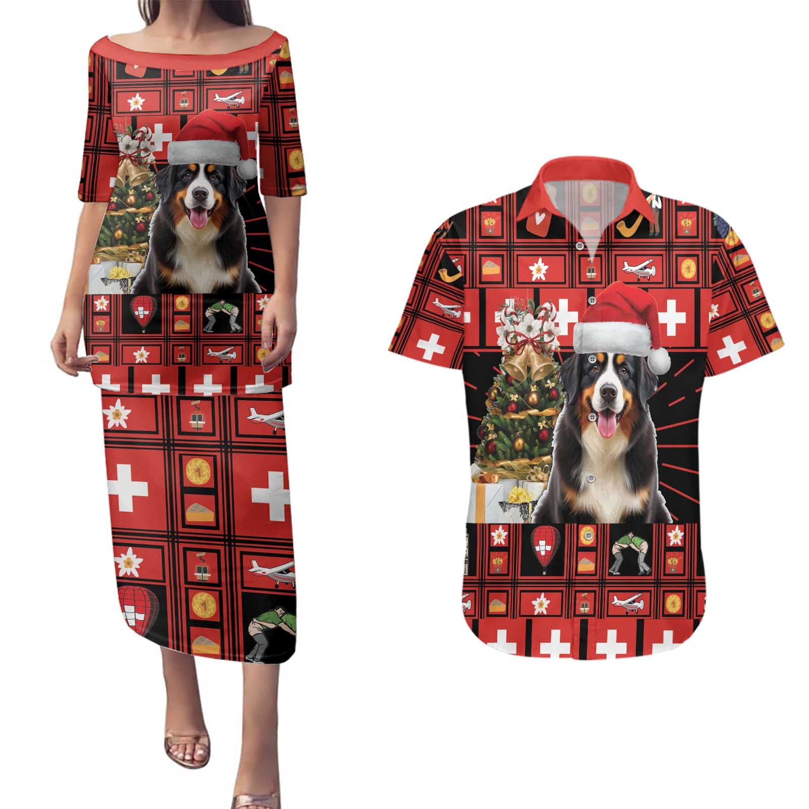 Merry Christmas Bernese Mountain Dog Couples Matching Puletasi and Hawaiian Shirt Switzerland Symbols - Lightning Art - Wonder Print Shop