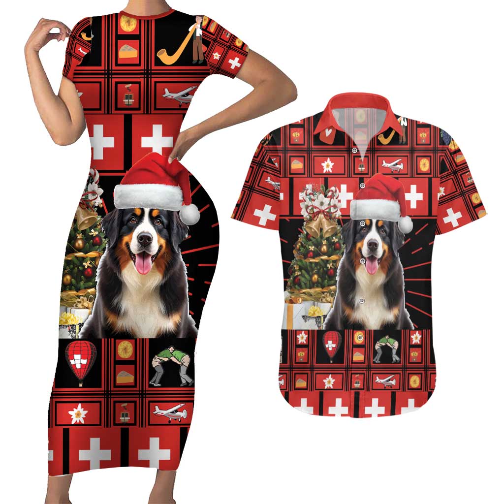 Merry Christmas Bernese Mountain Dog Couples Matching Short Sleeve Bodycon Dress and Hawaiian Shirt Switzerland Symbols - Lightning Art - Wonder Print Shop