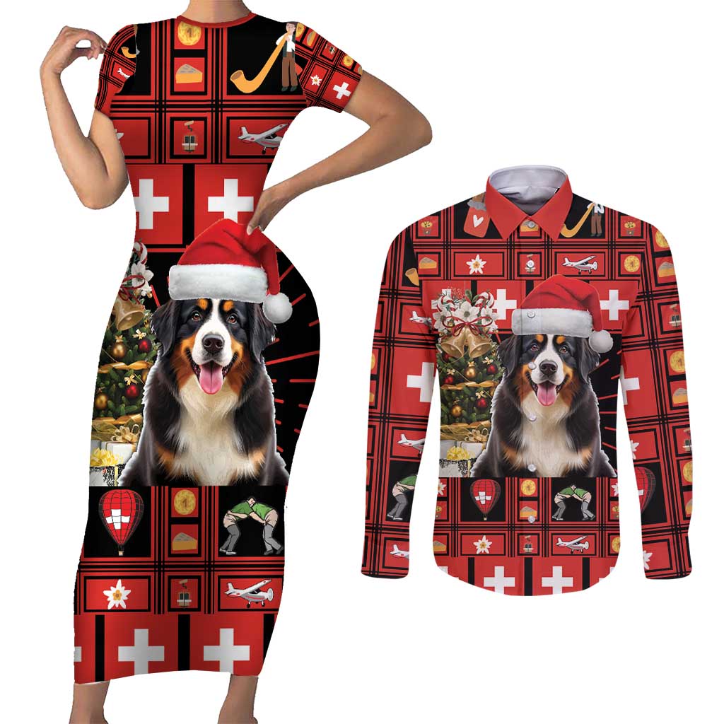 Merry Christmas Bernese Mountain Dog Couples Matching Short Sleeve Bodycon Dress and Long Sleeve Button Shirt Switzerland Symbols - Lightning Art - Wonder Print Shop