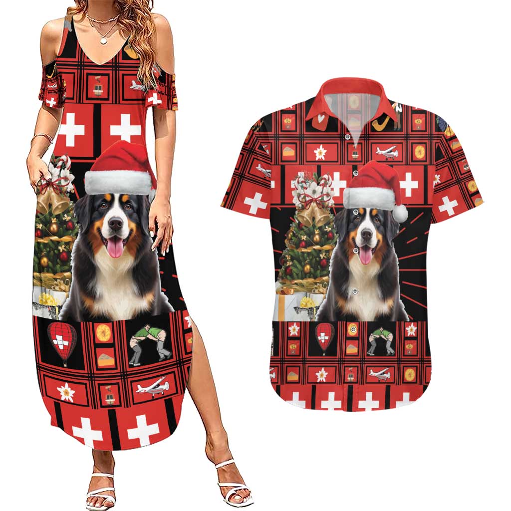 Merry Christmas Bernese Mountain Dog Couples Matching Summer Maxi Dress and Hawaiian Shirt Switzerland Symbols - Lightning Art - Wonder Print Shop