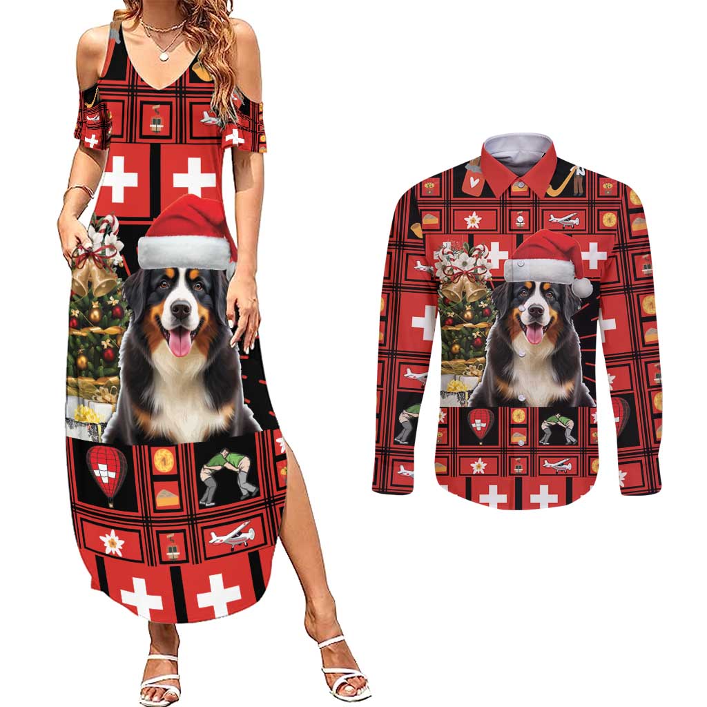 Merry Christmas Bernese Mountain Dog Couples Matching Summer Maxi Dress and Long Sleeve Button Shirt Switzerland Symbols - Lightning Art - Wonder Print Shop