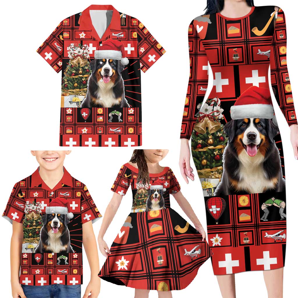 Merry Christmas Bernese Mountain Dog Family Matching Long Sleeve Bodycon Dress and Hawaiian Shirt Switzerland Symbols - Lightning Art - Wonder Print Shop