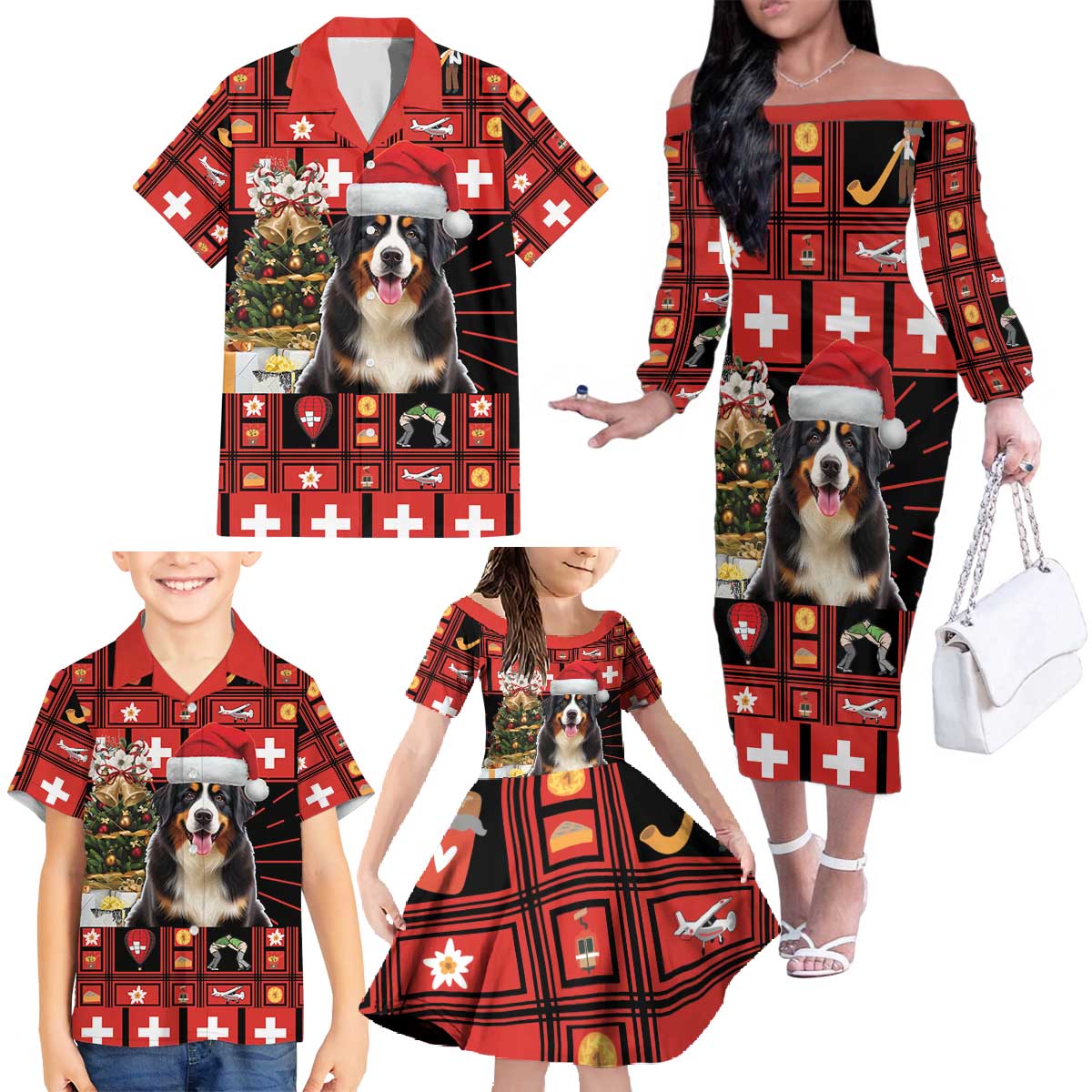 Merry Christmas Bernese Mountain Dog Family Matching Off The Shoulder Long Sleeve Dress and Hawaiian Shirt Switzerland Symbols - Lightning Art - Wonder Print Shop