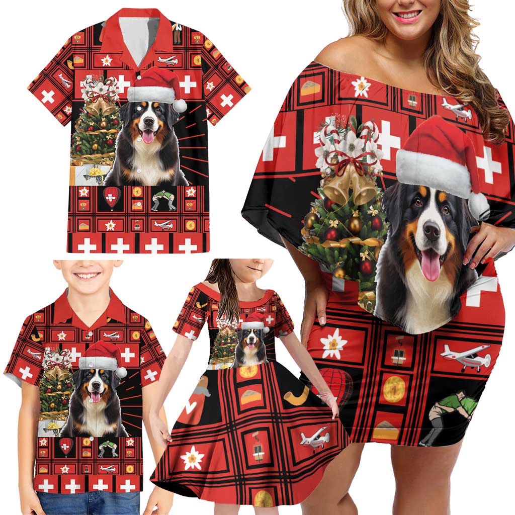 Merry Christmas Bernese Mountain Dog Family Matching Off Shoulder Short Dress and Hawaiian Shirt Switzerland Symbols - Lightning Art - Wonder Print Shop