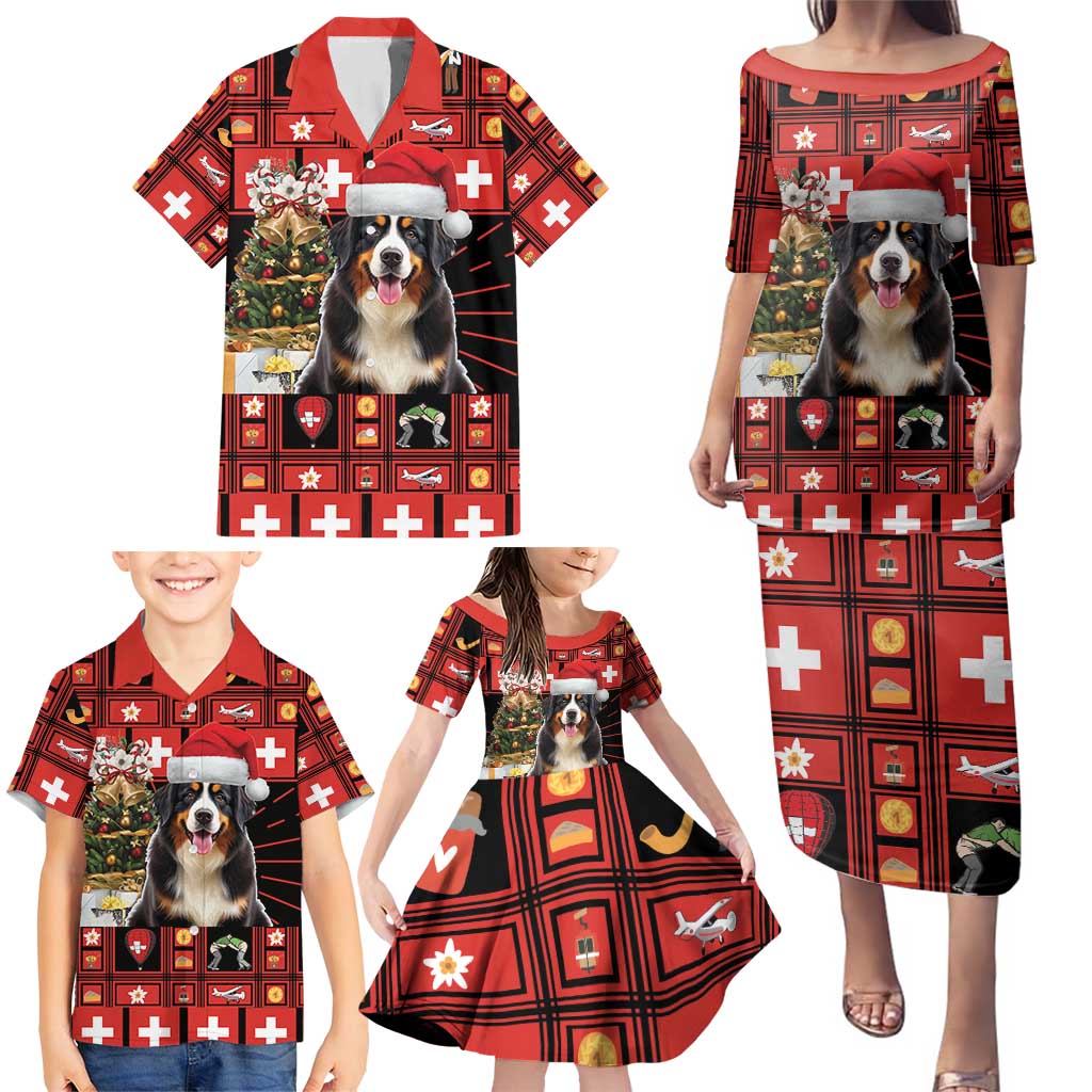 Merry Christmas Bernese Mountain Dog Family Matching Puletasi and Hawaiian Shirt Switzerland Symbols - Lightning Art - Wonder Print Shop