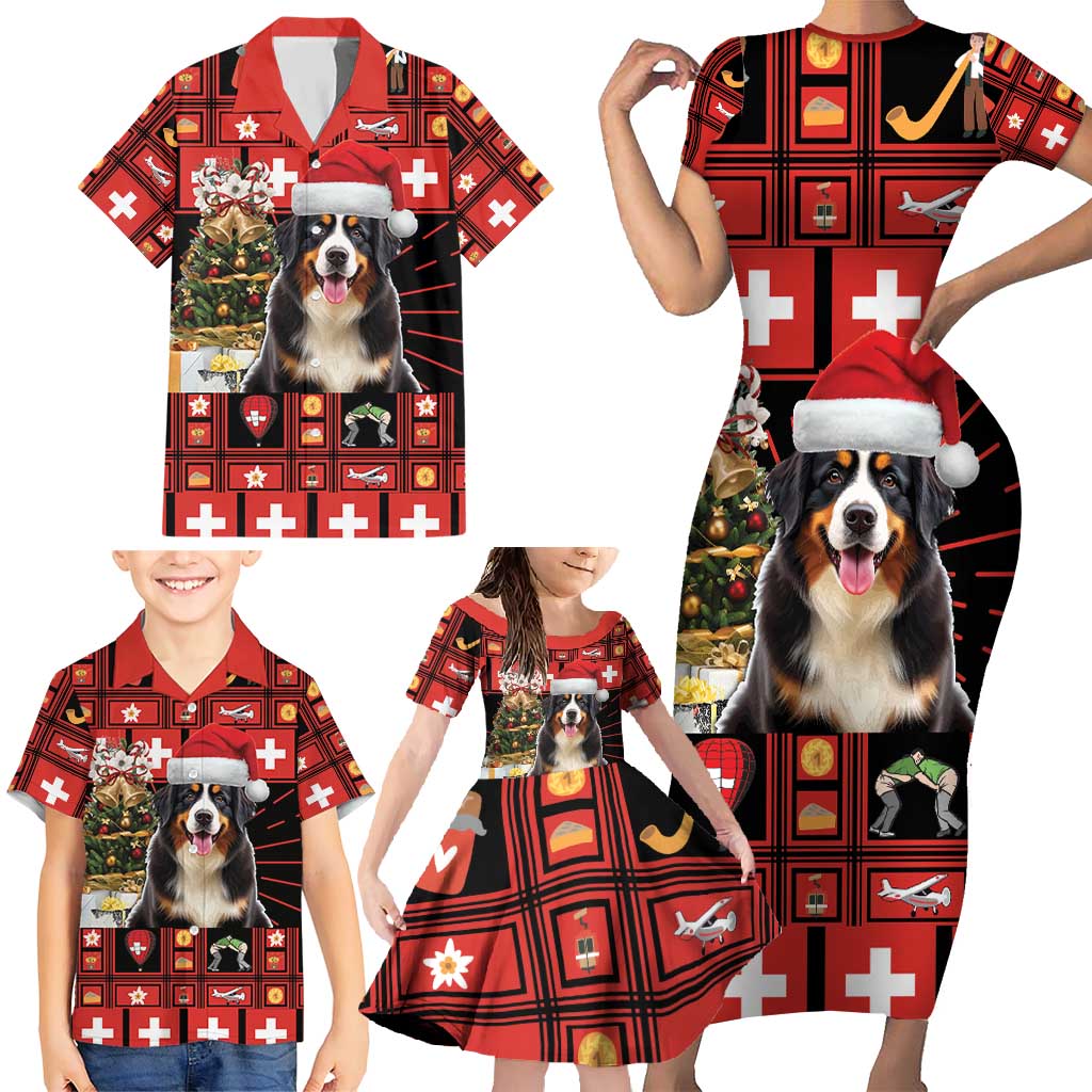 Merry Christmas Bernese Mountain Dog Family Matching Short Sleeve Bodycon Dress and Hawaiian Shirt Switzerland Symbols - Lightning Art - Wonder Print Shop