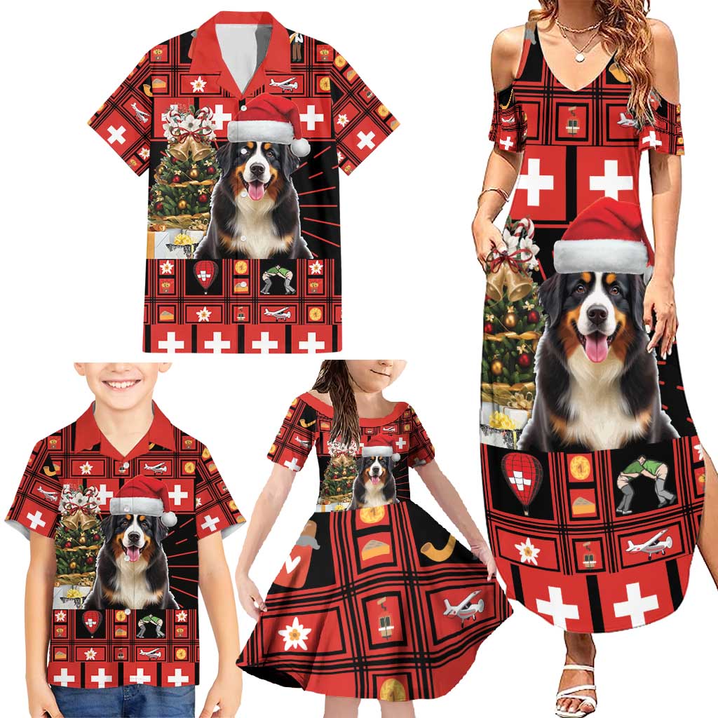 Merry Christmas Bernese Mountain Dog Family Matching Summer Maxi Dress and Hawaiian Shirt Switzerland Symbols - Lightning Art - Wonder Print Shop