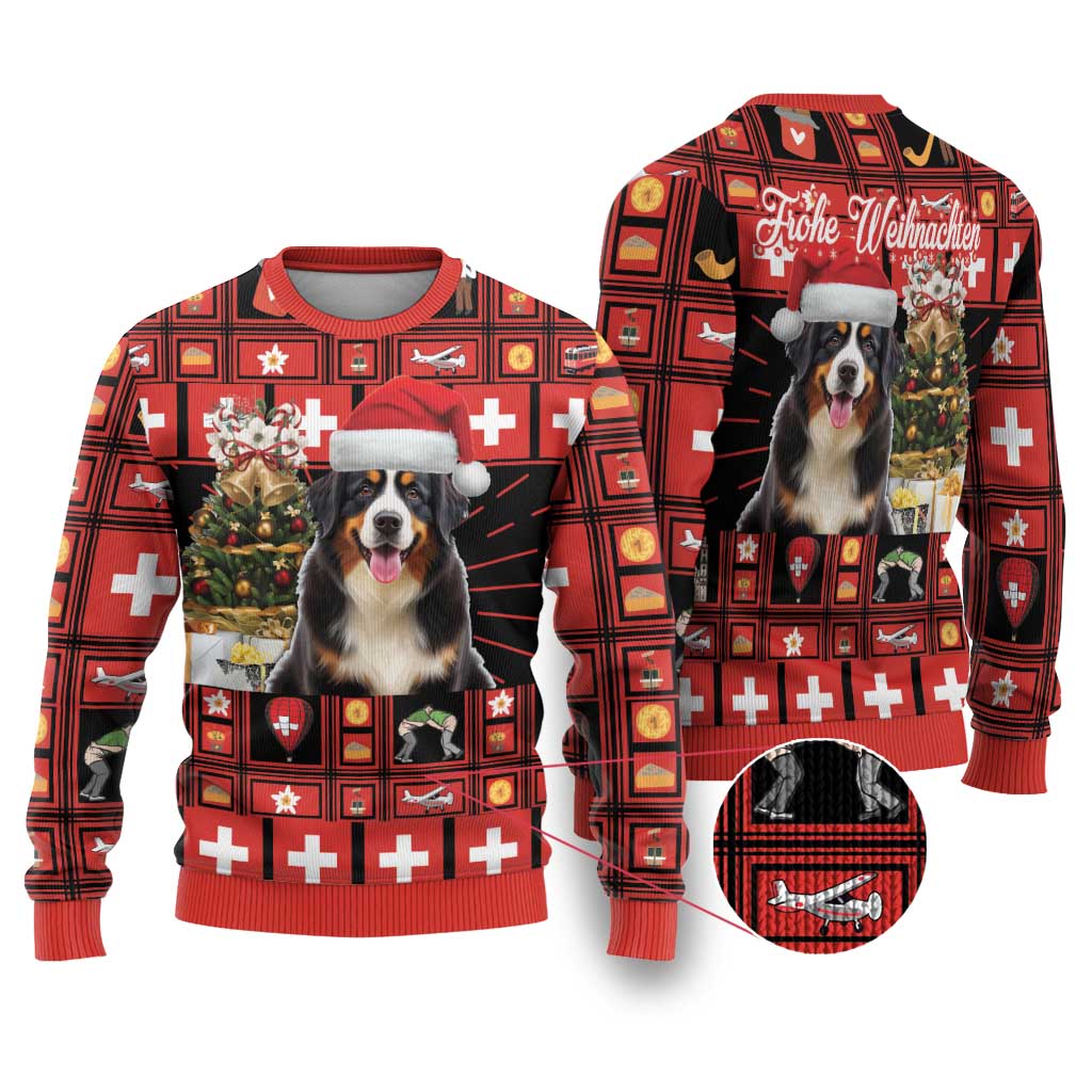 Red ugly Christmas sweater set with Bernese Mountain dog in Santa hat, Swiss icons