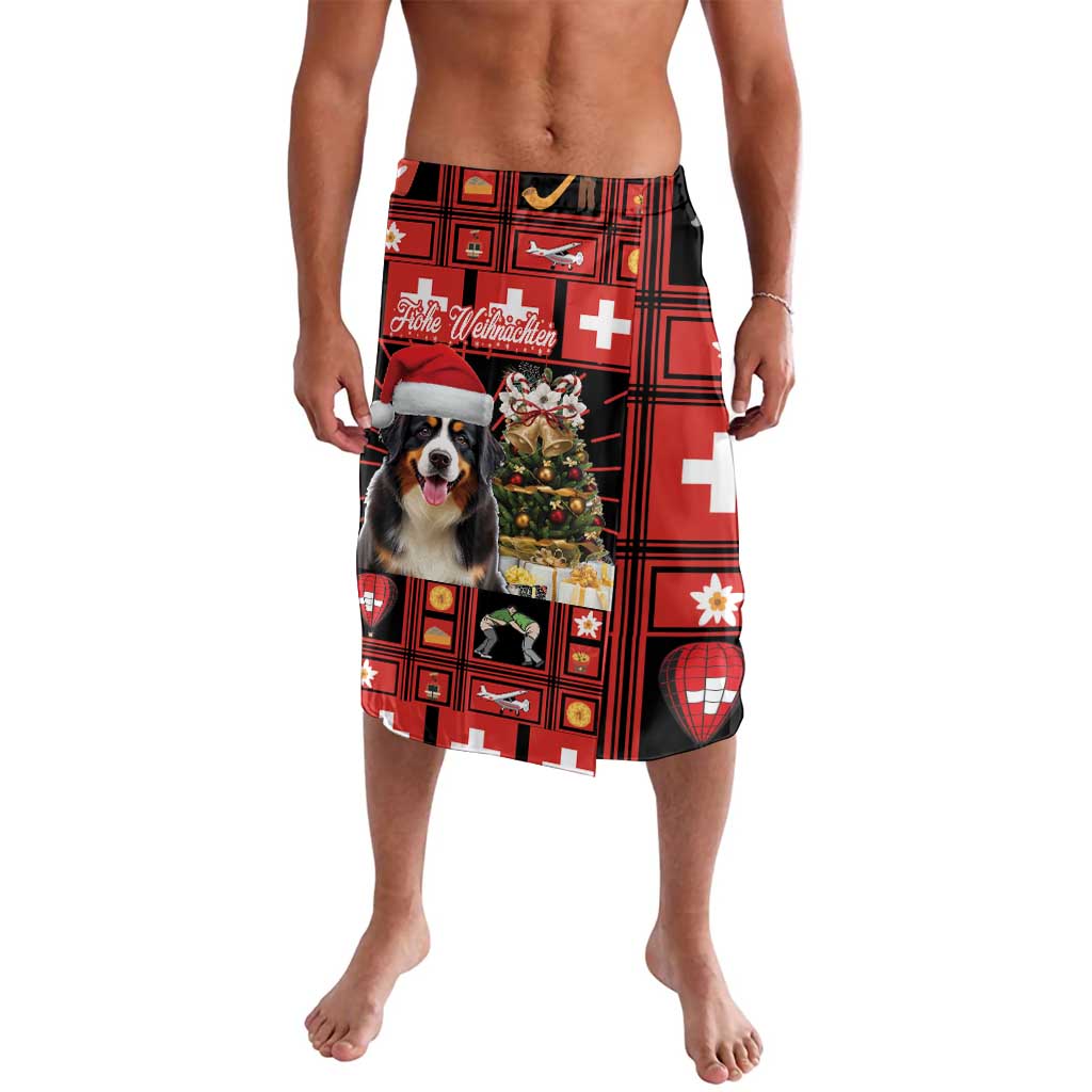 Red Christmas sarong skirt with Bernese dog graphic and Swiss symbols