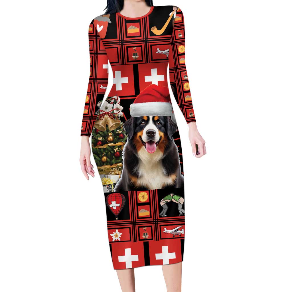 Merry Christmas Bernese Mountain Dog Long Sleeve Bodycon Dress Switzerland Symbols - Lightning Art - Wonder Print Shop