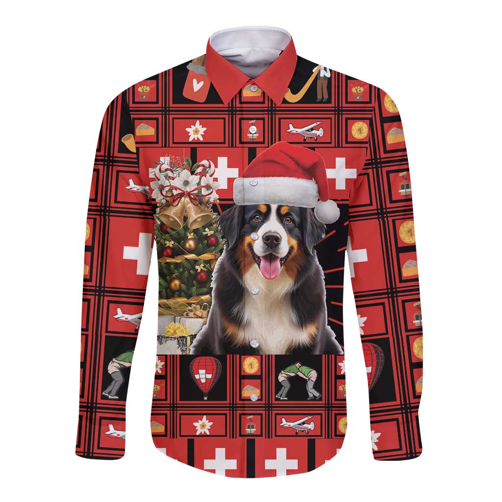 Red long-sleeve button shirt with Bernese mountain dog graphic and Swiss plaid symbols