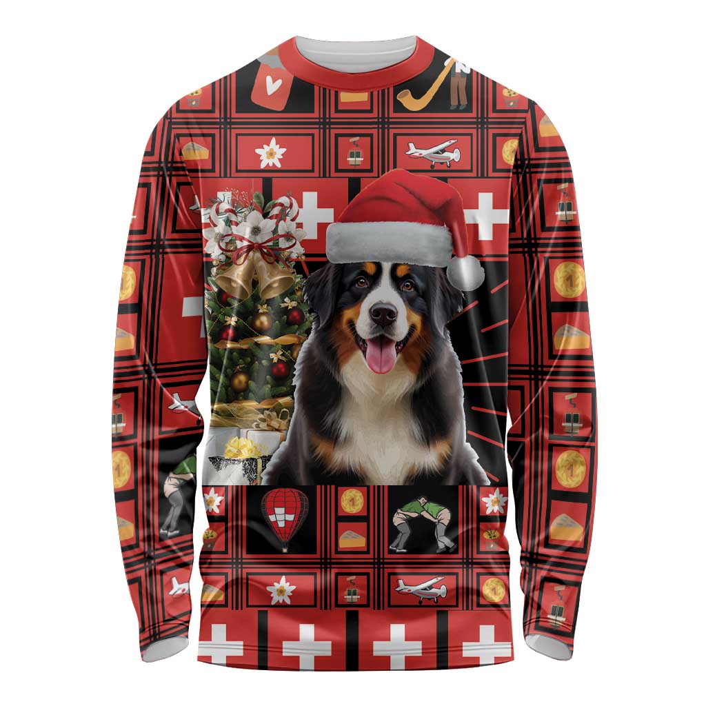 Unisex red long-sleeve shirt with Bernese Mountain Dog in Santa hat graphic