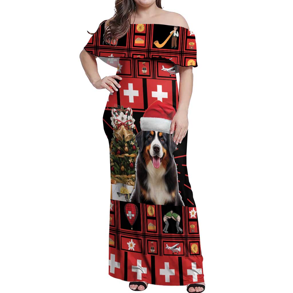 Merry Christmas Bernese Mountain Dog Off Shoulder Maxi Dress Switzerland Symbols - Lightning Art - Wonder Print Shop