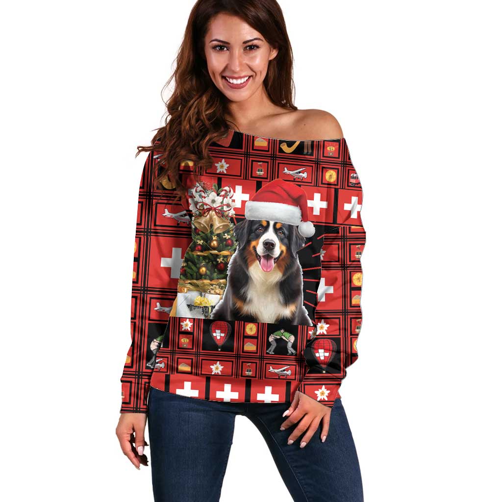 Merry Christmas Bernese Mountain Dog Off Shoulder Sweater Switzerland Symbols - Lightning Art - Wonder Print Shop