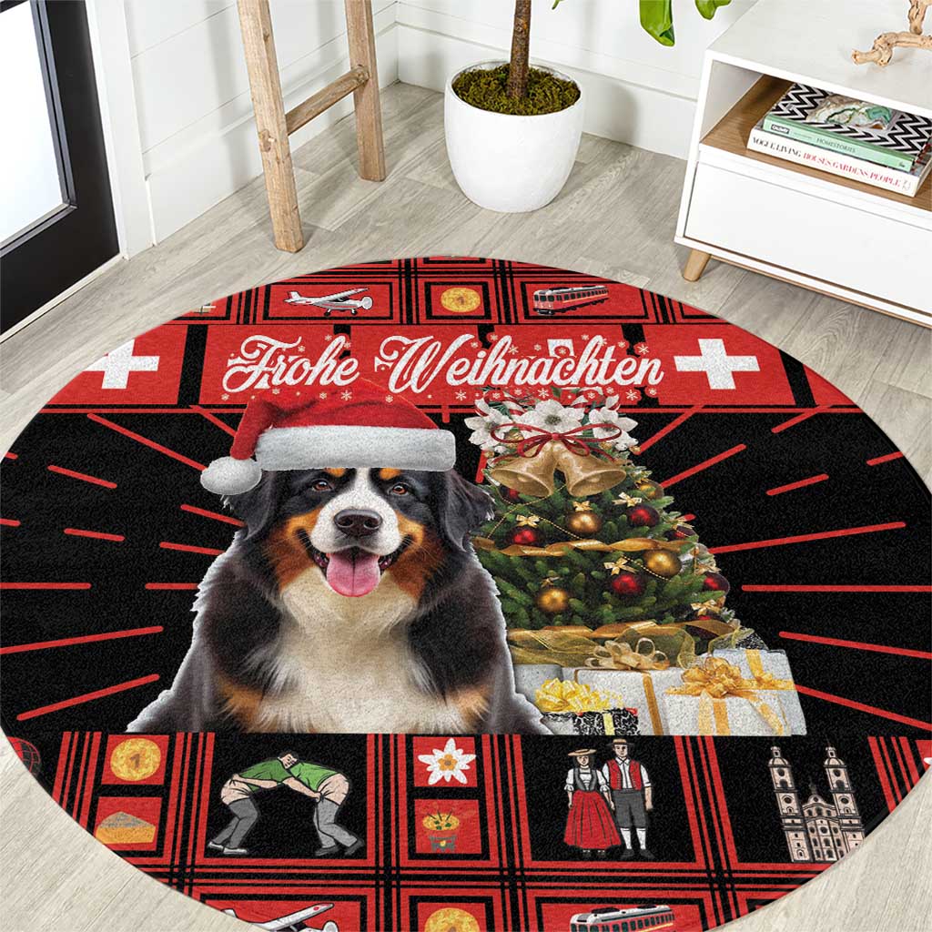 Round holiday rug with Bernese mountain dog, red/black, Swiss cross and ‘Frohe Weihnachten’