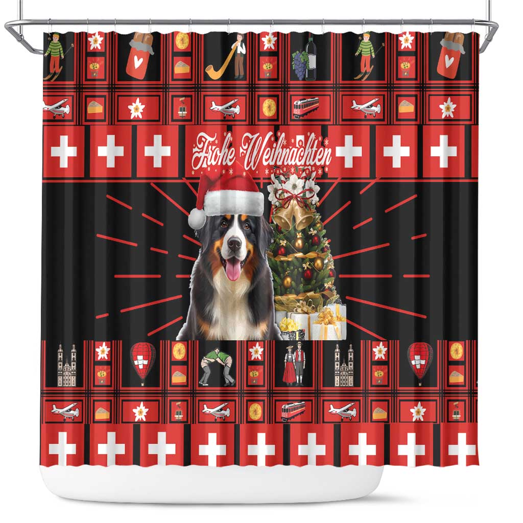 Shower curtain with Bernese mountain dog and Christmas tree, red/black Swiss symbols