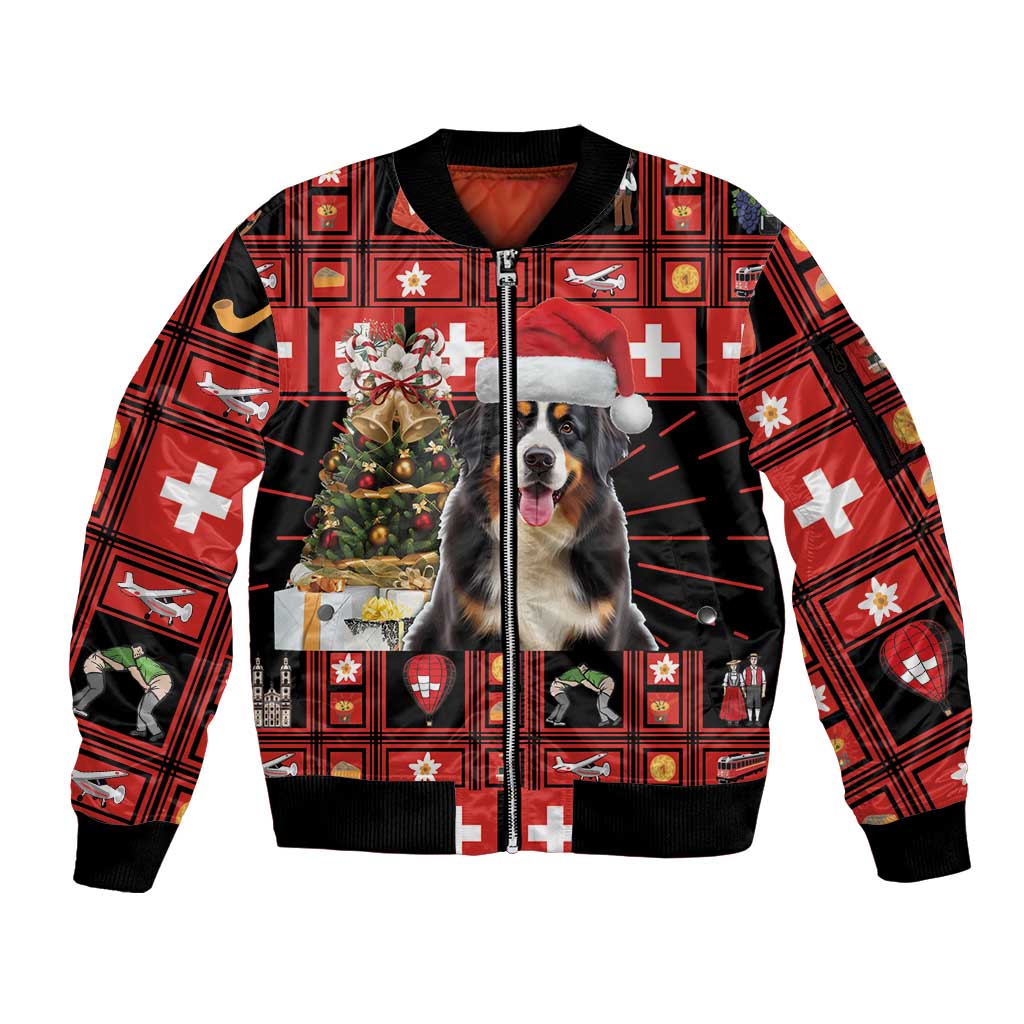 Unisex bomber jacket with zipper, red plaid design and Bernese dog Christmas print