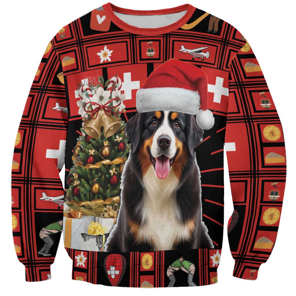 Red Christmas sweatshirt with plaid pattern, Bernese dog, Santa hat, tree and gifts