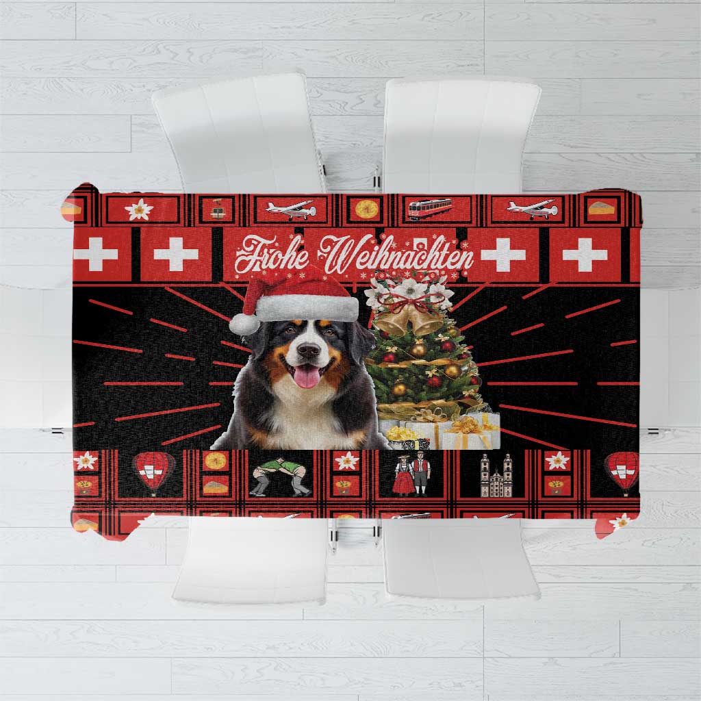 Red tablecloth with Bernese mountain dog, Christmas motifs, and Swiss crosses