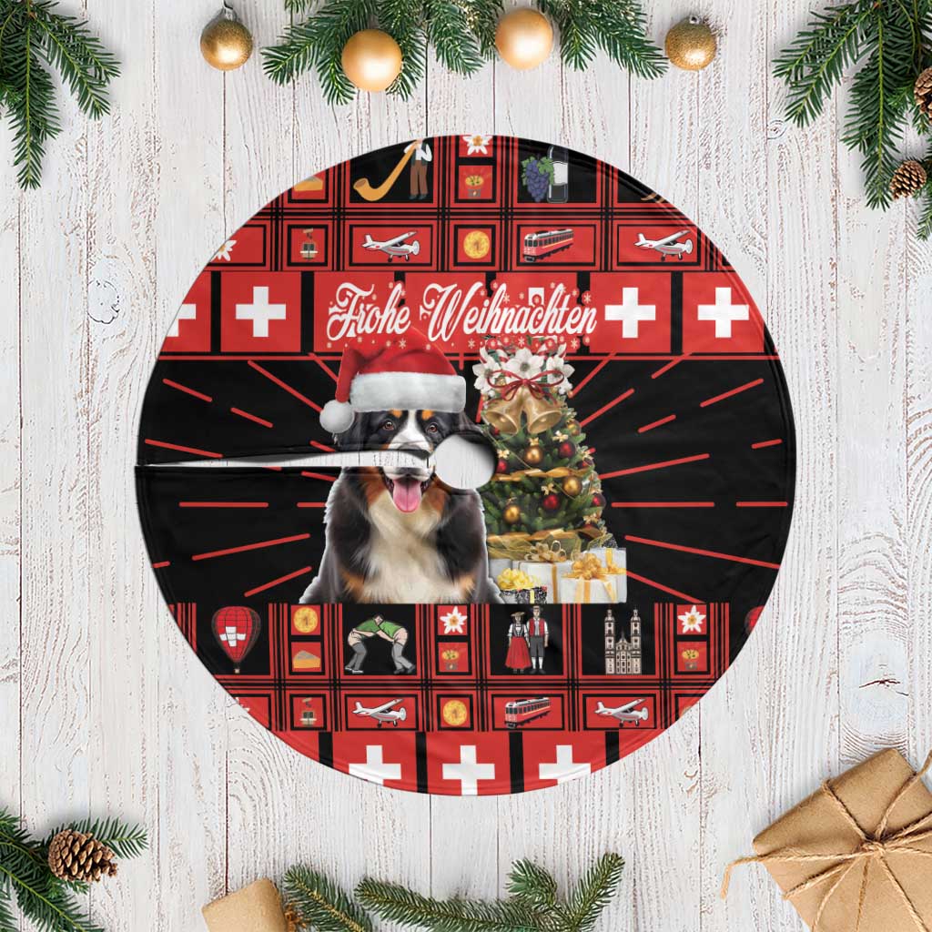 Round red and black plaid Christmas tree skirt with Swiss symbols, Bernese mountain dog, fringe