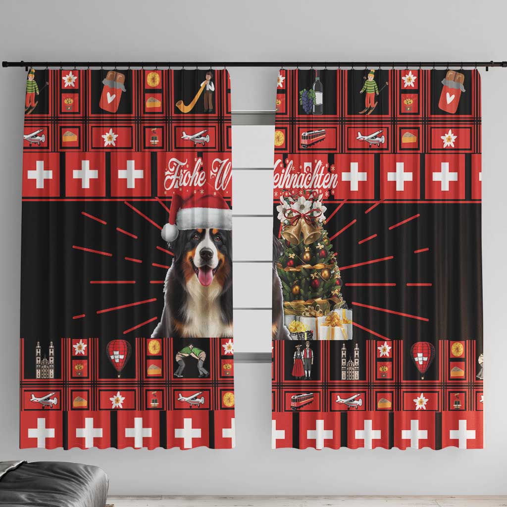 Red and black Bernese dog Christmas window curtain panels with Swiss symbols and tree graphic