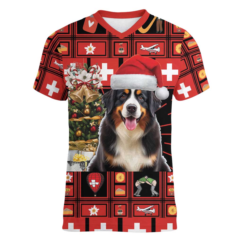 Merry Christmas Bernese Mountain Dog Women V-Neck T-Shirt Switzerland Symbols - Lightning Art