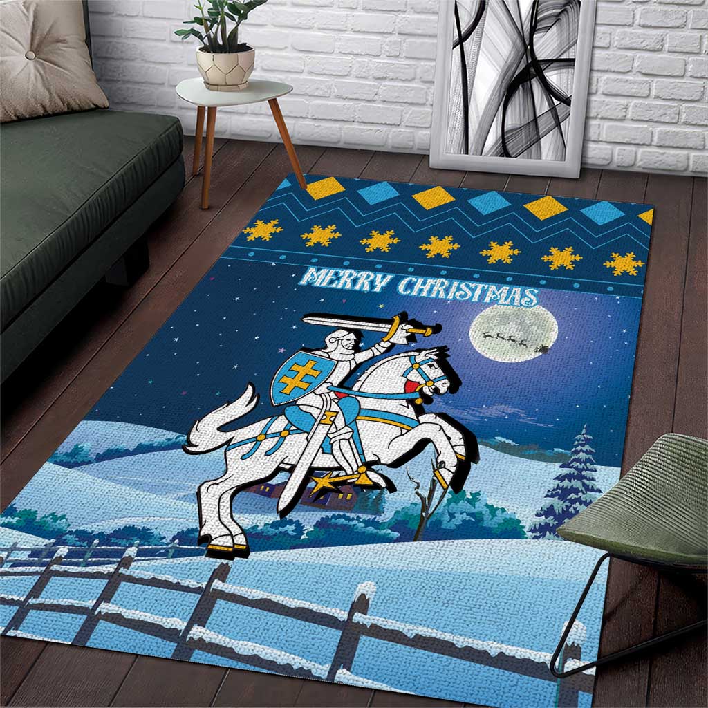 Blue Christmas area rug with horse rider coat of arms and 'Merry Christmas' text