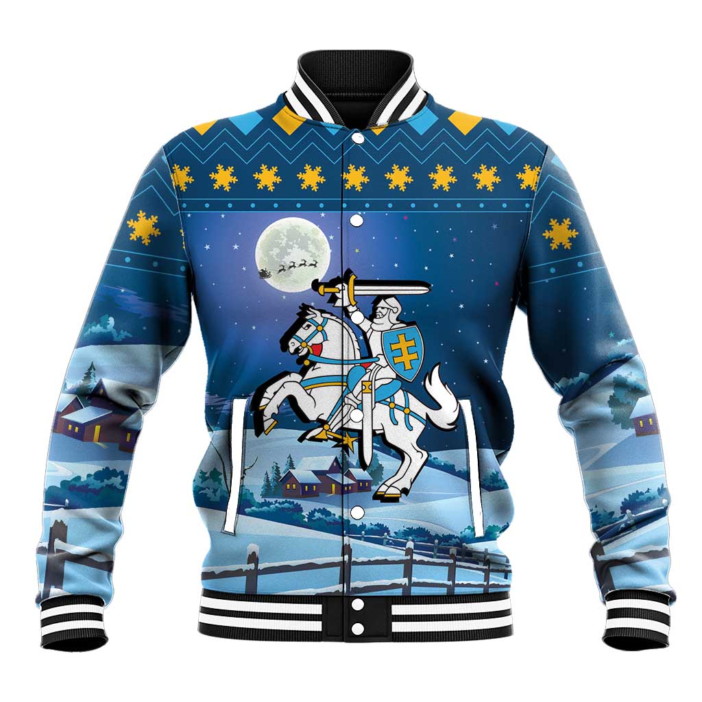 Blue Christmas varsity baseball jacket with white knight on horse and shield graphic