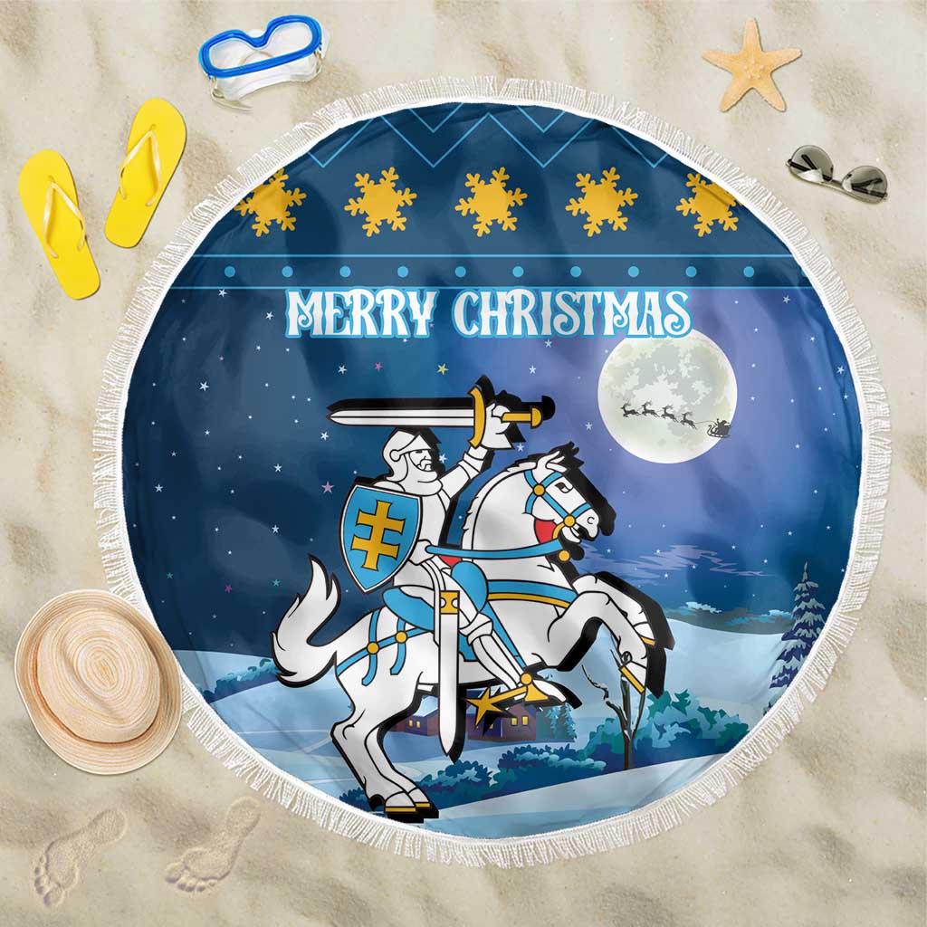 Round blue Christmas beach blanket, fringed edge, 'Merry Christmas' knight and coat-of-arms