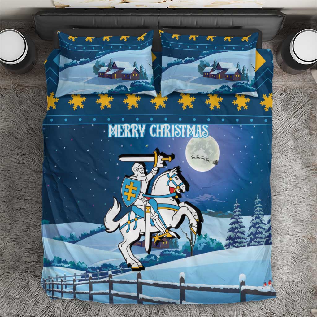 Blue Christmas bedding set with horse rider, snowy landscape, and “Merry Christmas” text