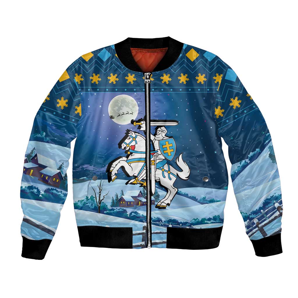 Blue bomber jacket with front zipper and Lithuanian coat-of-arms knight graphic