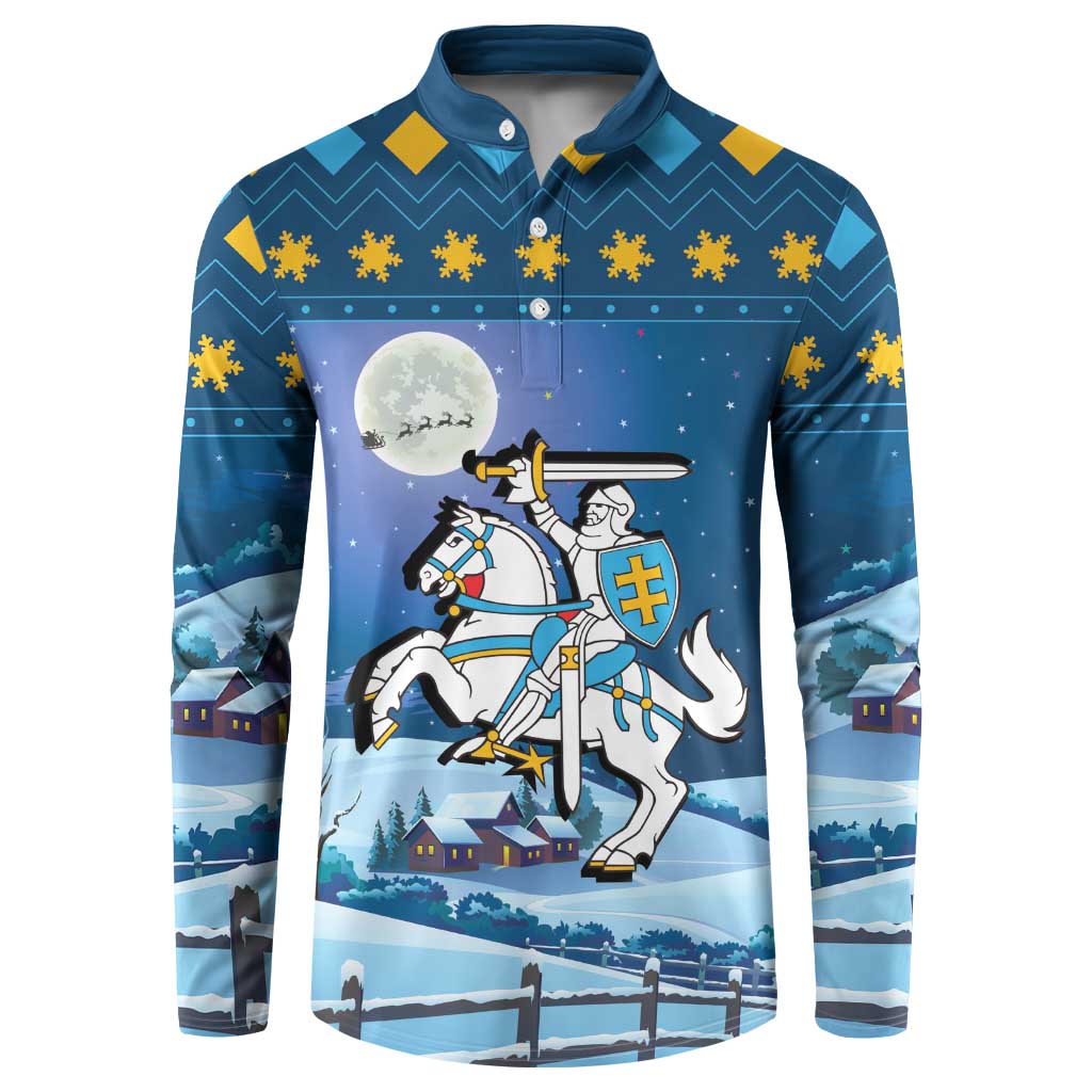 Blue long-sleeve button-up sweatshirt with knight, shield, and moon graphic