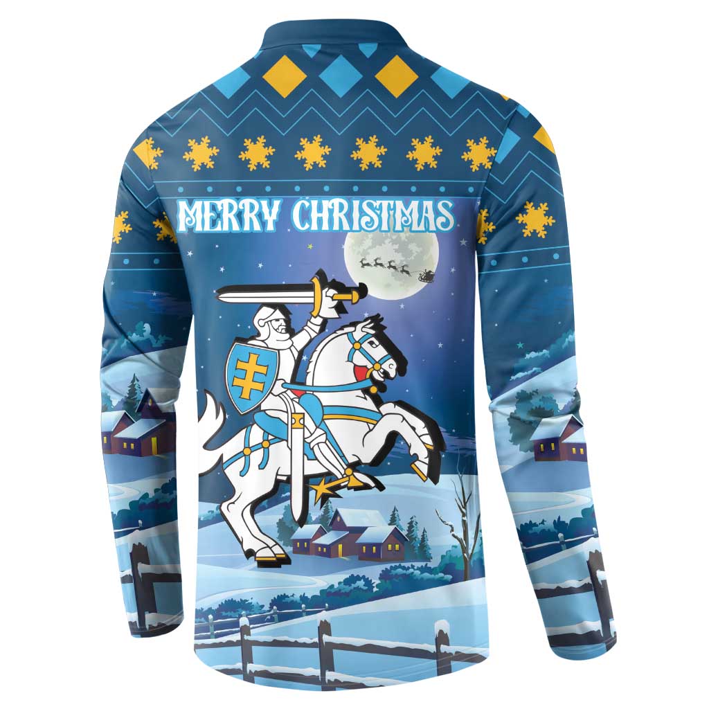 Blue long-sleeve button-up sweatshirt with Merry Christmas text, knight, and shield on back
