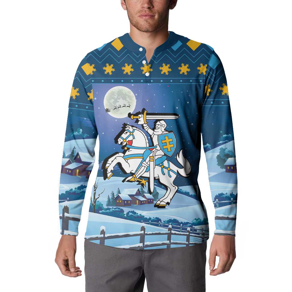 Blue long-sleeve button-up sweatshirt with knight and shield front graphic