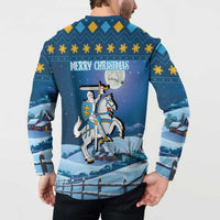 Blue long-sleeve button-up sweatshirt with Merry Christmas back text and knight-and-shield graphic