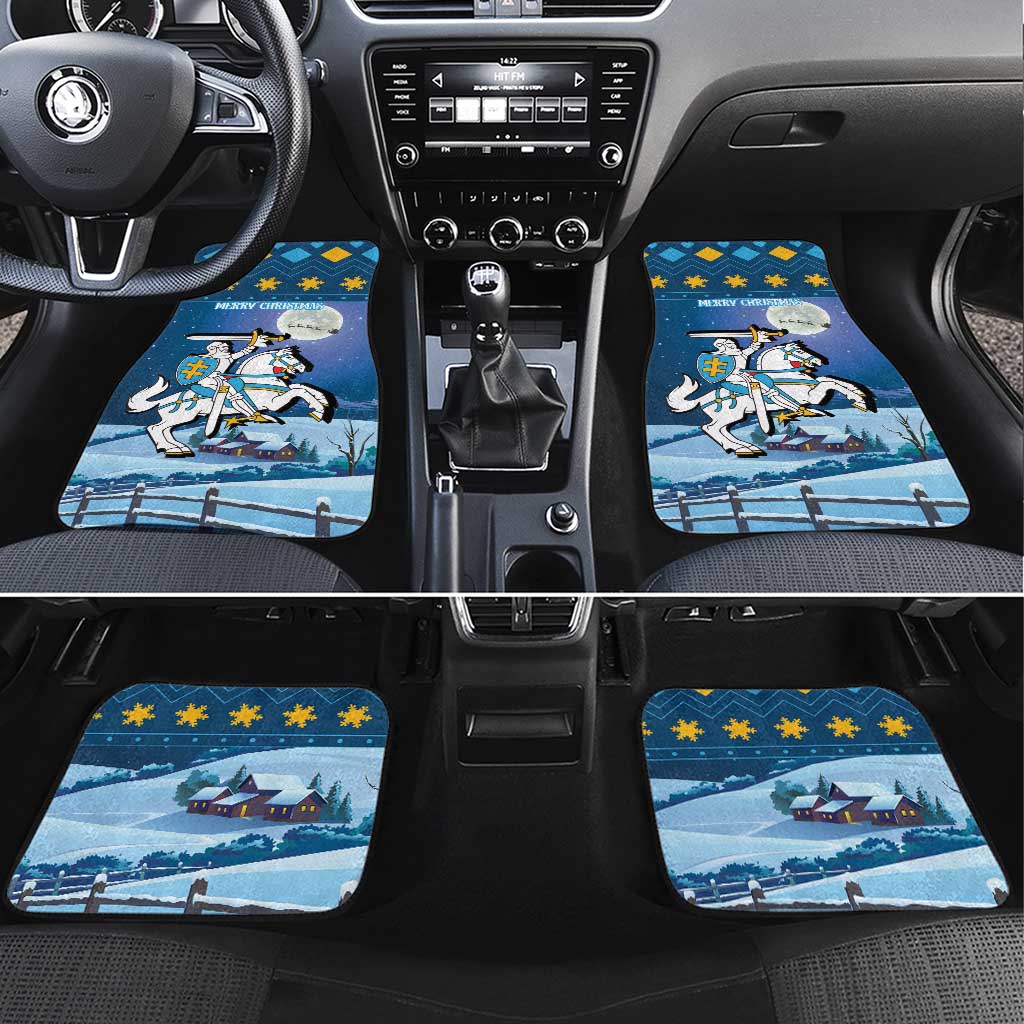 Blue Christmas car floor mats set of four with knight crest and snowy house scene