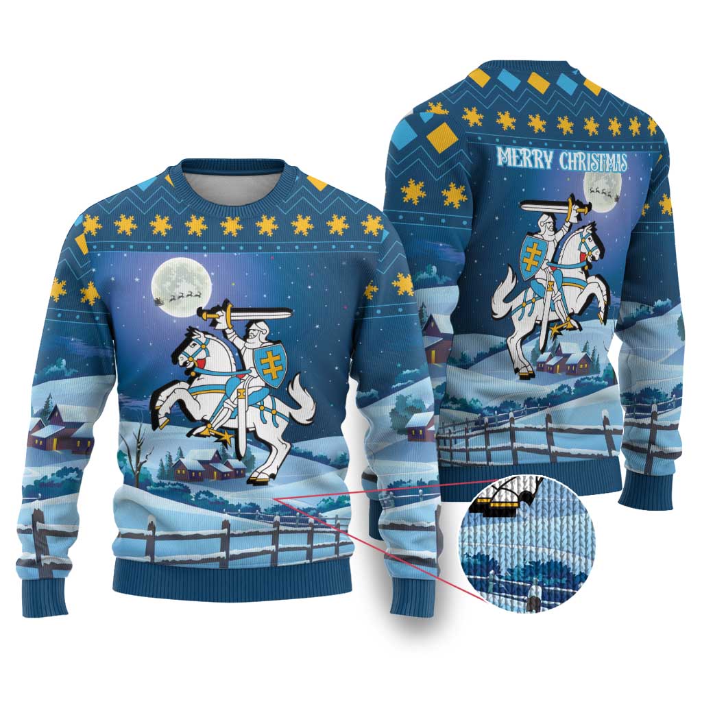 Blue Lithuania Christmas ugly sweater with knight-and-horse graphic and Merry Christmas text