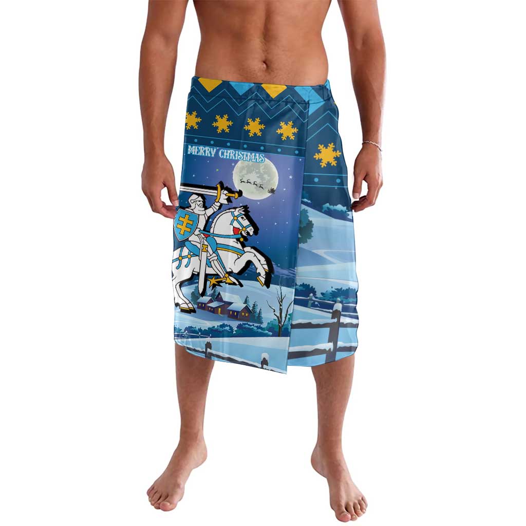 Blue Christmas lavalava sarong with horse rider, snowflakes, and “Merry Christmas”