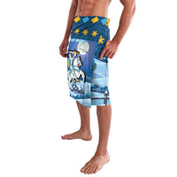 Blue Christmas lavalava sarong side view with coat-of-arms text, horse rider, snowflakes