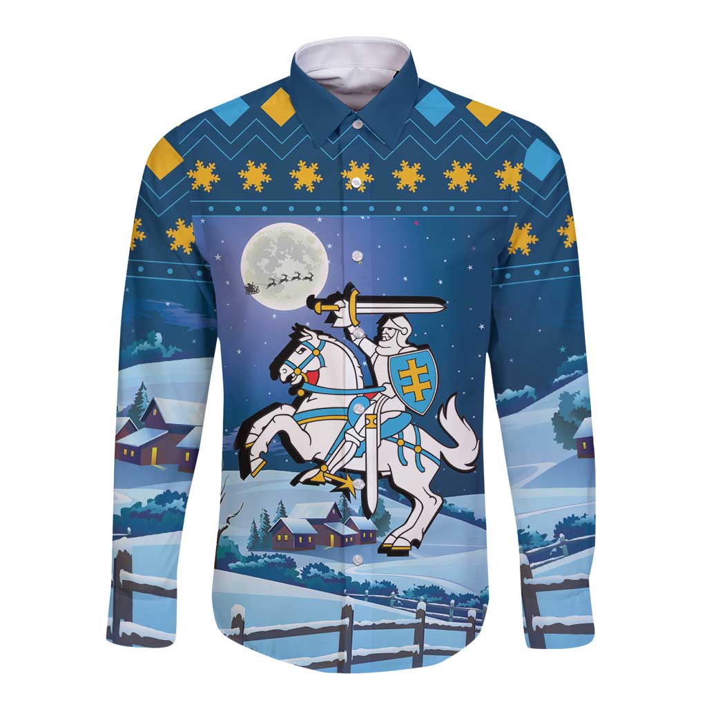 Blue Christmas long-sleeve button shirt with knight coat-of-arms print