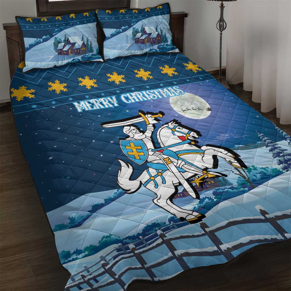 Blue Christmas quilt bed set with knight crest, Merry Christmas text, snowflake patterns