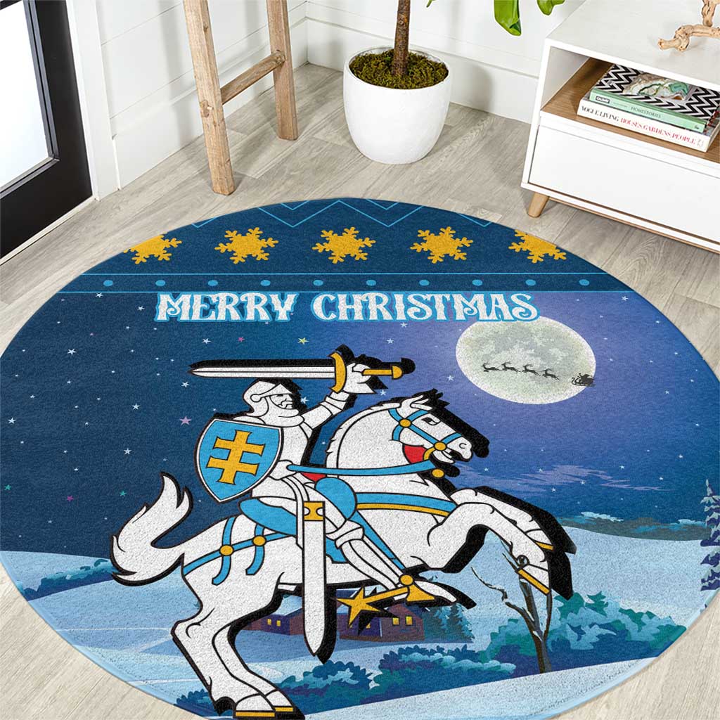 Round blue Christmas rug with coat of arms knight, horse, moon, and “MERRY CHRISTMAS”