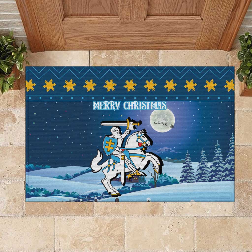 Blue Christmas rubber doormat with Merry Christmas text, knight on white horse, coat of arms.