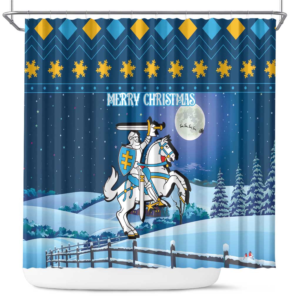 Blue Christmas shower curtain, knight on white horse, 'Merry Christmas' and snowy landscape