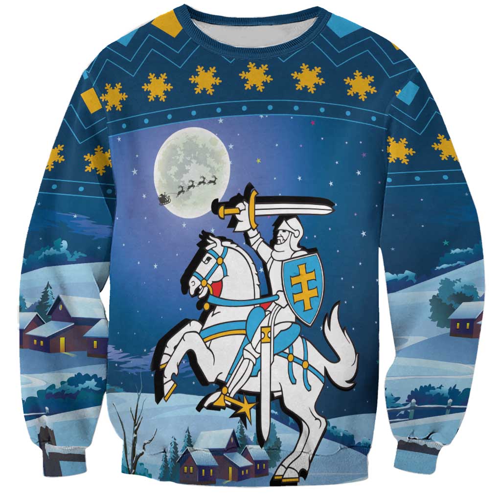 Unisex blue Christmas sweatshirt with knight on white horse and moon graphic